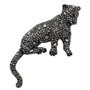Black Rhinestone Leopard Cat Figural Pin Brooch, M996